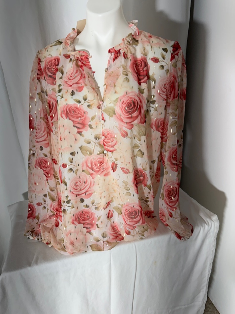 Sheer Rose-Print Blouse in Pink and Cream - Women's Floral Top
